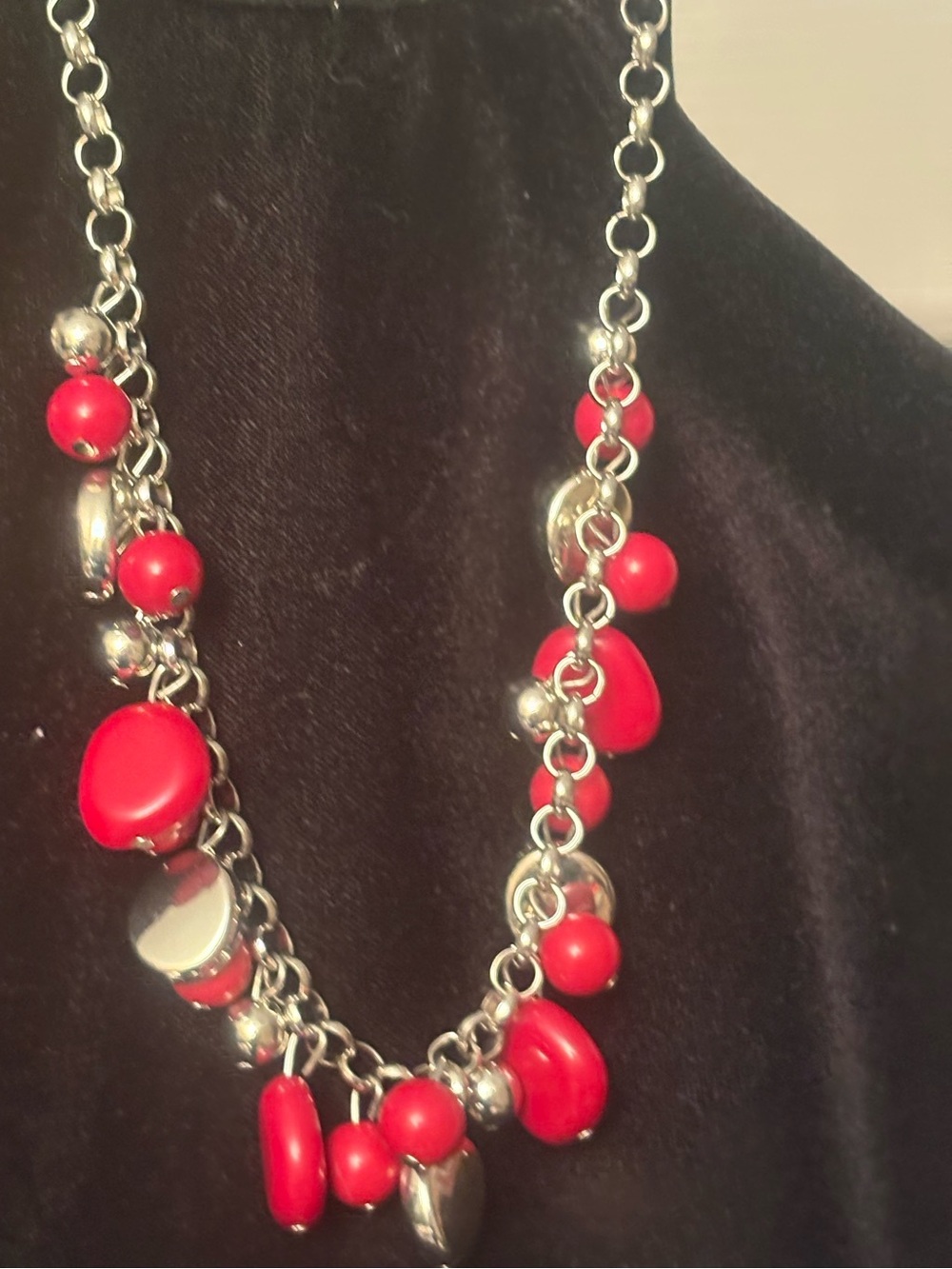 Red Bead and Silver Charm Statement Necklace - Women Jewelry